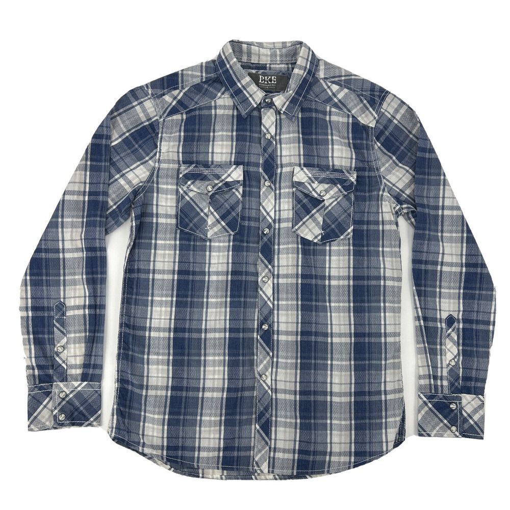 BKE Shirt Men's M Blue White Plaid Standard Fit Long Sleeve Pearl Snap Button Up